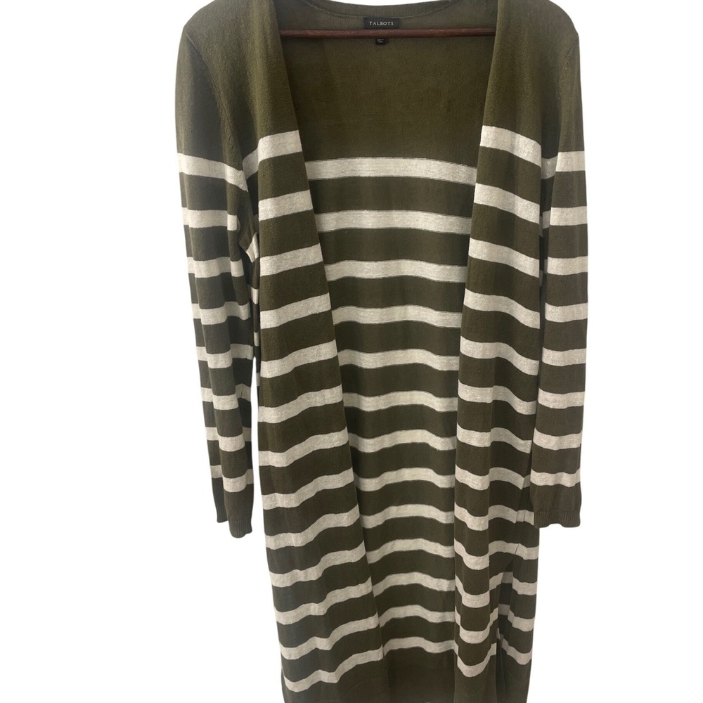 Talbots Cardigan Linen Sweater Womens S Olive Striped Nautical Coastal Casual